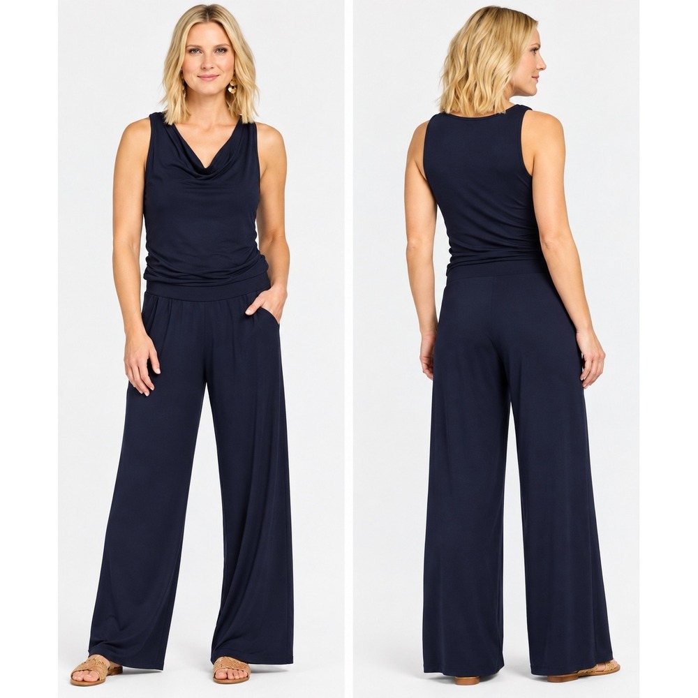 Michael Stars Navy Blue Cowl Neck Wide Leg Sleeveless Jumpsuit EE9798 Large